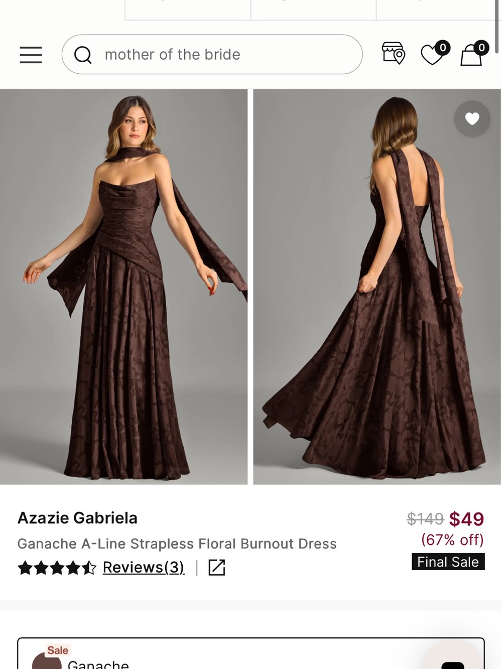 Azazie Strapless A-Line Floral Burnout Dress in Chocolate Brown